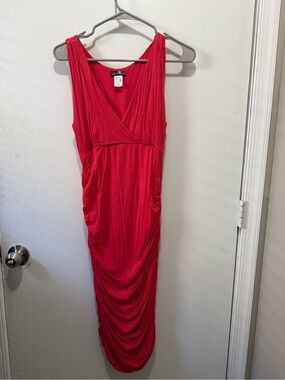 VENUS Hot Pink Ruched V‑Neck Maxi Dress